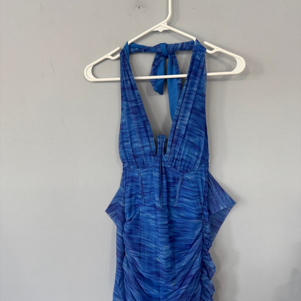 AKIRA Aqua Babe Blue Mesh Ruched Midi Dress Size Small - Picture 9 of 16
